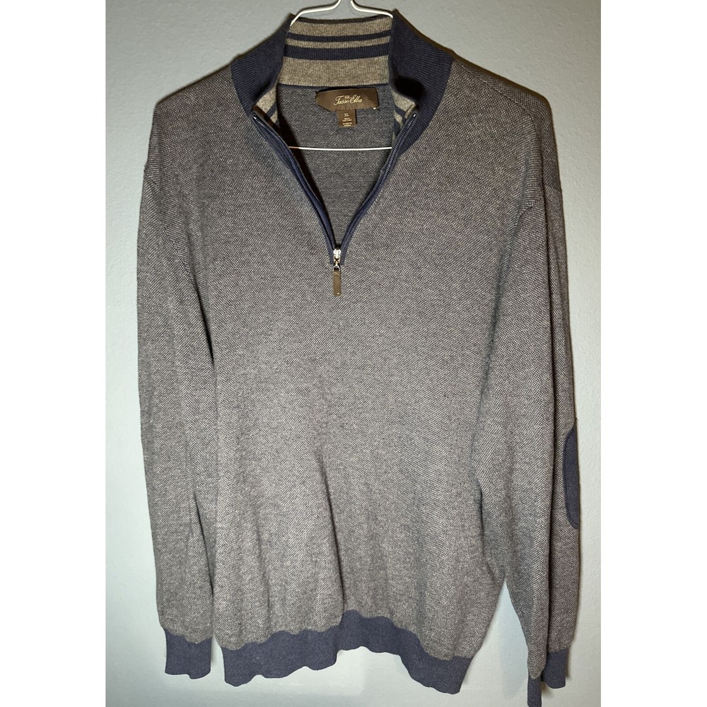TASSO ELBA Men's 1/4 Zip Sweater Pullover Jacket Elbow Patches Size XL Grey Blue